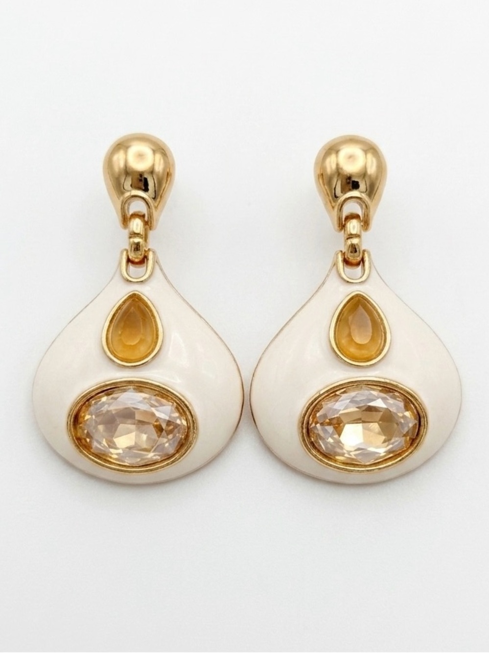 RARE Honey Gold Austrian Crystal White Enamel Drop Earrings - Limited Edition